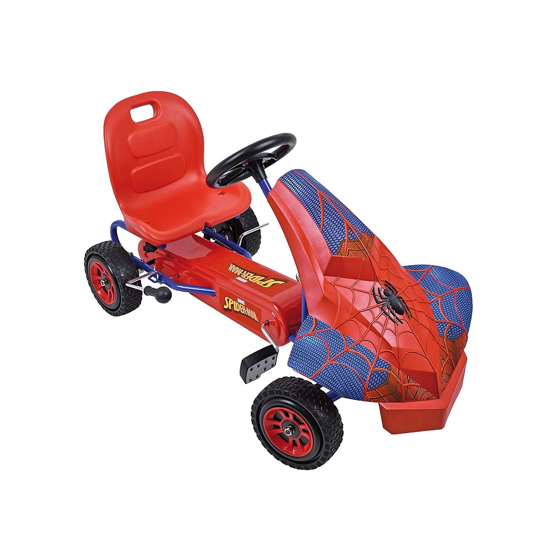 Hauck Go-Kart Roues Profil en Caoutchouc Bleu/Rouge Karting à Pédale pour Enfants avec Carrosserie Marvel Spiderman Voiture à Pédales à une Vitesse Siège Réglable Frein à Main 