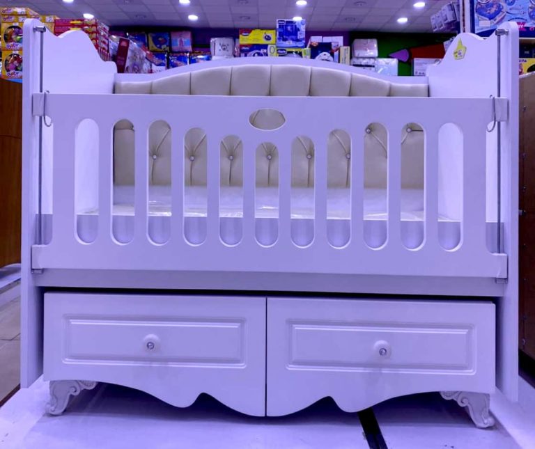 Wooden Baby Crib White color with Velvet Bumper