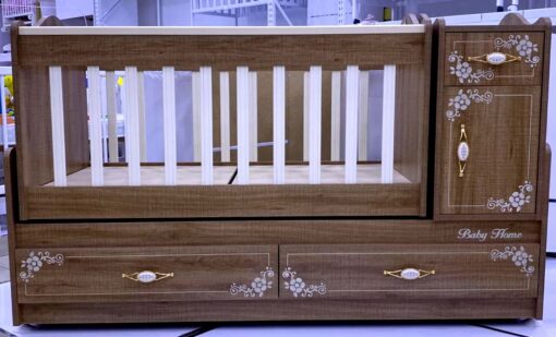 Wooden Baby Crib With Side Drawer Brown & Beige