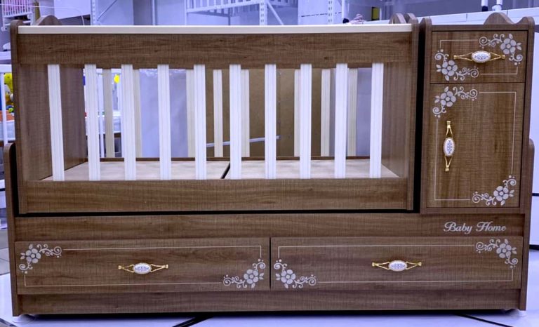 Wooden Baby Crib With Side Drawer Brown & Beige