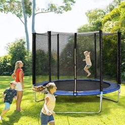 Product Description: Jump your heart out with trampolines from us. One of the most dynamic ways to have fun in the backyard or indoors, trampolines are a fun way to enjoy an afternoon and put a smile on anyone’s face. These trampolines are sturdy and include safety measures to help ensure a great jumping experience for everyone. Our trampolines have different sizes for options, so adults can enjoy jumping too! The whole family now can have fun together with this trampoline set. Three U-shaped Legs – The legs are arranged and assembled evenly under the trampoline base. They offer enough stability and support for the whole trampoline. Safety Enclosure Net and Foam Sleeves – Safety enclosure netting are perfectly attached to the steel tubes which connects the enclosure net with the spring cover. This also eliminates gaps between the mat and net to ensure your safety while jumping on the mat. All Accessories Included – Our trampoline includes steel frame, jumping mat, safety enclosure combo and ladder. It is also easy to assemble. Suitable for gardens, parks, lawns & villas Great for your next “family fun time” while getting your blood pumping and your muscles moving. Great addition to your backyard along with other playground equipment. Size: 14-feet