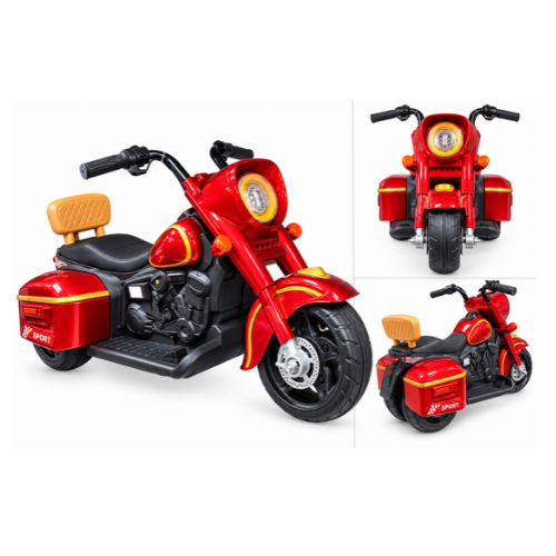 Kids Red Electric Ride-On Motorcycle with Gold Details and Storage Boxes - Image 3
