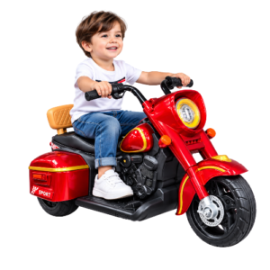 Kids Red Electric Ride-On Motorcycle with Gold Details and Storage Boxes