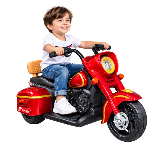 Kids Red Electric Ride-On Motorcycle with Gold Details and Storage Boxes