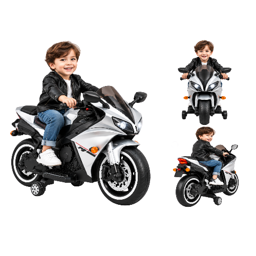 Kids Silver Electric Ride-On Sport Motorcycle with Training Wheels - Image 3