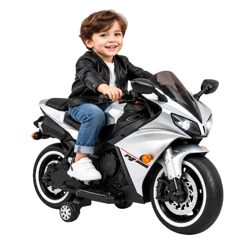 Kids Silver Electric Ride-On Sport Motorcycle with Training Wheels