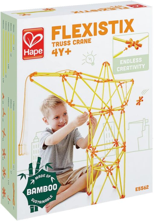 Product Description: Play good, do good. Meet our innovative range of toys made from bamboo, the fastest growing plant in the world! Children learn through hands-on play. The new Flexistix range from Hape encourages building, constructive problem-solving, and imaginative thinking. Build a crane with a working hoist with this fun Flexistix kit! Or, use the bamboo sticks and flexible silicone connectors to create your own fantastic structures and machines! Durable child-safe paint finish and solid bamboo construction make this a toy your child will love for years to come. Hape toys stimulate children through every stage of development and help nurture and develop their natural abilities. All Hape products sold in North America meet or exceed all applicable safety standards. Product Dimension: 20.57 x 25.91 x 6.86 cm; 400 Grams Manufacturer recommended age 4 years and up Item model number E5562