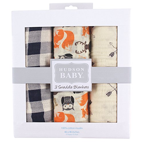 Hudson Baby Unisex Baby Cotton Muslin Swaddle Blankets, Forest 3-Pack, One Size