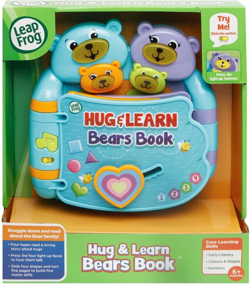 Product Description: Leapfrog hug & learn bear book-this adorable, interactive book introduces early language skills to pre-readers. the six-page story is full of family love and big bear hugs while teaching numbers, shapes and colors. listen to music and sweet sounds as you turn the pages. Product Dimensions: 20 x 20.6 x 6.4 cm; 530 Grams Batteries: 2 AA batteries required. (included) Our Recommended age: 6 months - 4 years