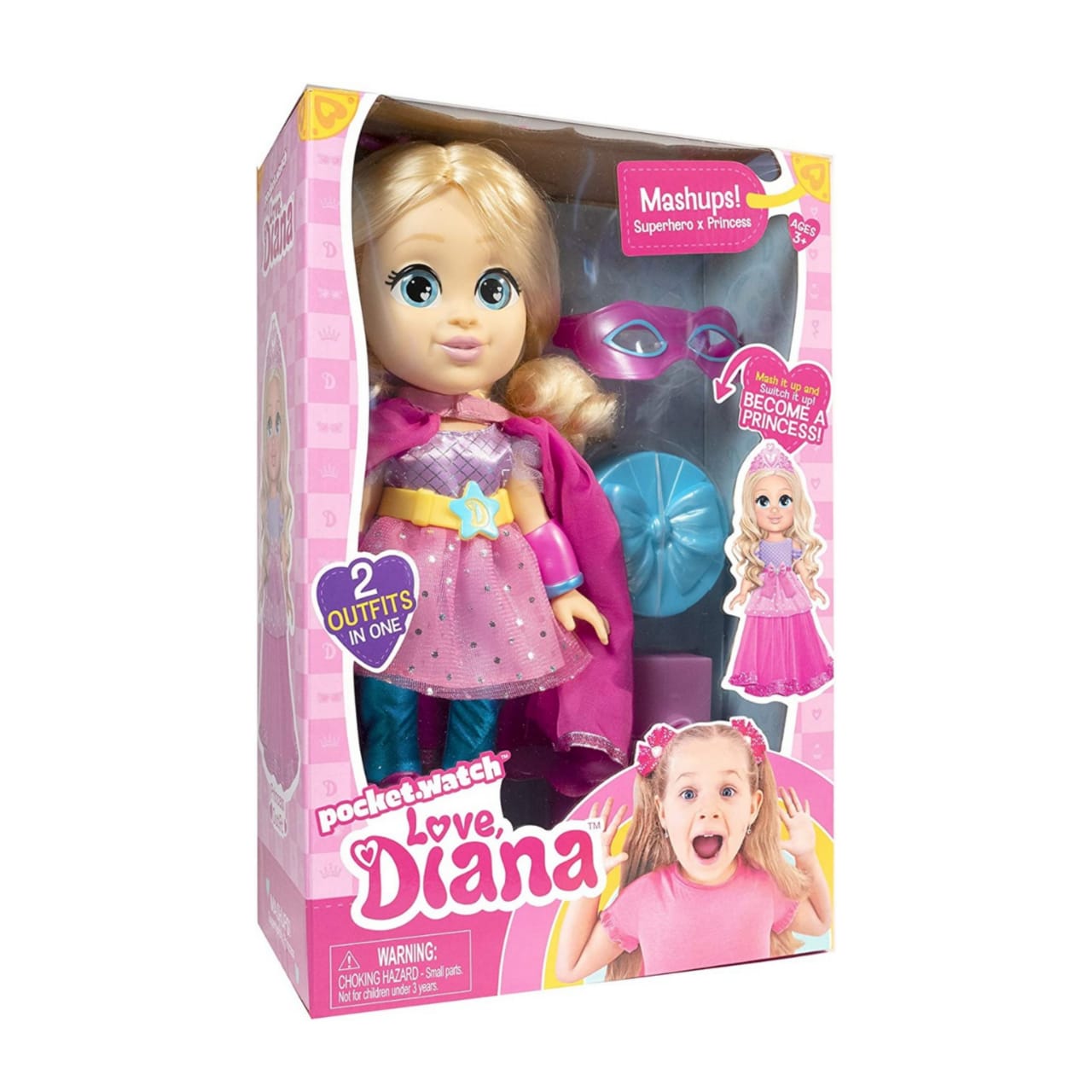 LOVE DIANA Mashups 13" Doll SUPERHERO to PRINCESS Outfits PocketWatch NEW 