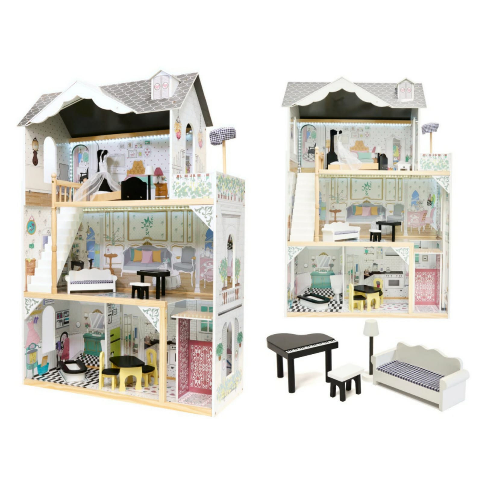 Lil' Jumbl XL Wooden Dollhouse 3 Story Doll House Set with Elevator &  Stairs