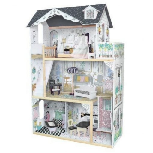 Kids Wooden Dollhouse - With Elevator Balcony & Stairs Accessories - W06A400