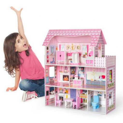 Wooden Dollhouse - With Furniture Doll House Playset For Kids Girls - W06A139-GF