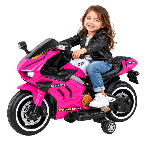 Kids Pink Electric Ride-On Sport Motorcycle with Training Wheels