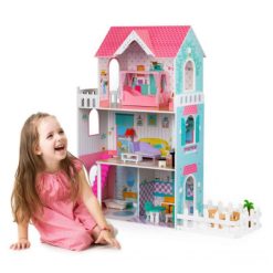 Kidzabi 3-Floor Wooden Doll House Play Set Toy For Girls, Rose/ Light Blue