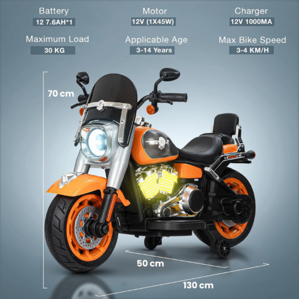 Kids Electric Ride-On Harley-Style Motorcycle – Orange - Image 3