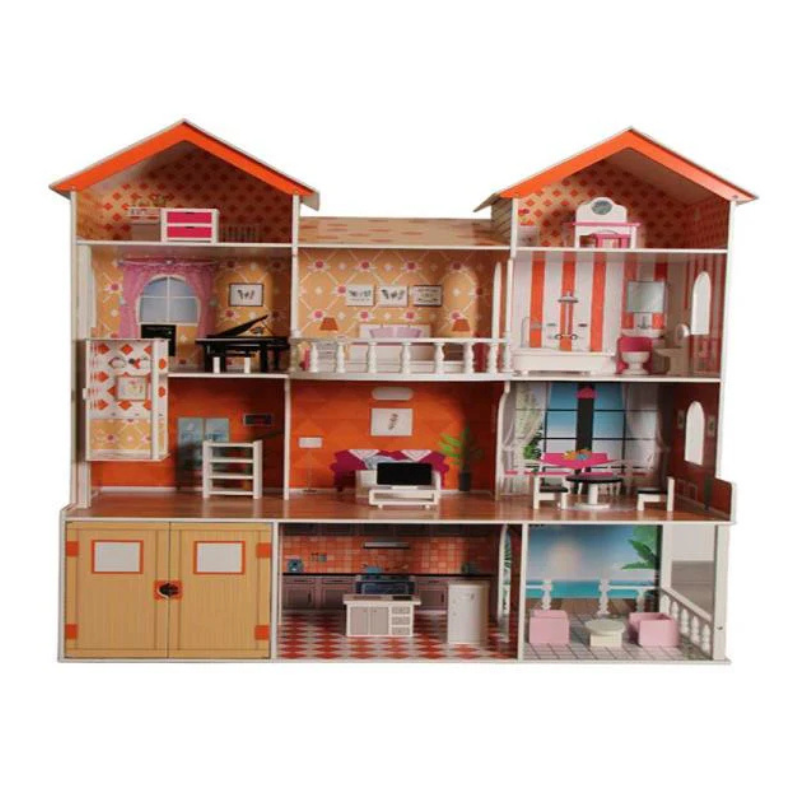 Deluxe Wooden Dollhouse with 3 Floors & Furniture Kids Pretend Play