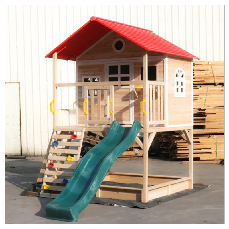 Kids Outdoor Wooden Playhouse with Slide & Climbing Wall - Image 3