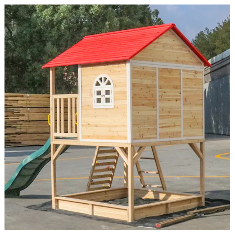 Kids Outdoor Wooden Playhouse with Slide & Climbing Wall - Image 2