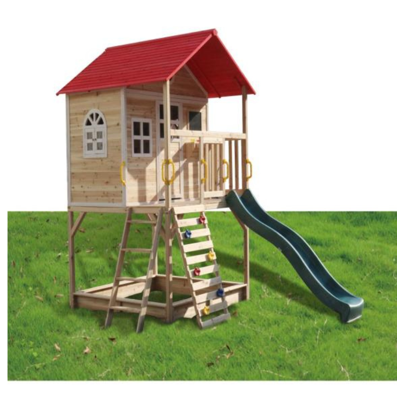 Kids Outdoor Wooden Playhouse with Slide & Climbing Wall - Image 4