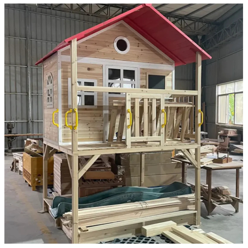 Kids Outdoor Wooden Playhouse with Slide & Climbing Wall - Image 5