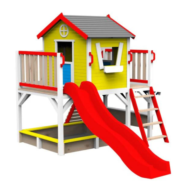 Premium Kids Wooden Playhouse with Double Slide Ladder & Sandbox Area
