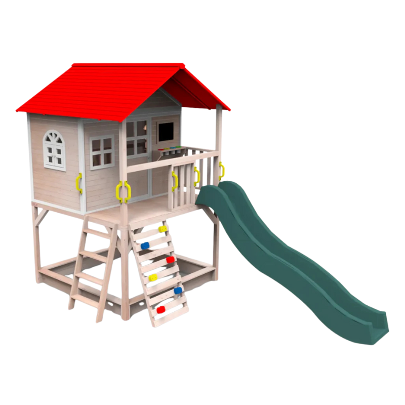 Kids Outdoor Wooden Playhouse with Slide & Climbing Wall