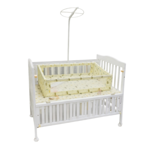 Baby Wooden Crib with Mattress, Mosquito Net & Wheels – White Infant Cot Bed