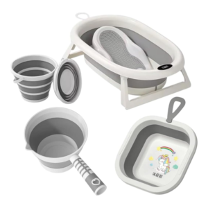 5-in-1 Foldable Baby Bath Set – Portable Infant Bathtub with Cushion, Bucket, Scoop & Drain Basin