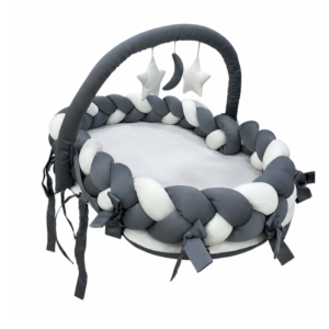 Luxury Braided Baby Nest Lounger with Hanging Toys – Grey & White Infant Play Mat