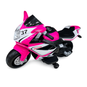Kids Electric Ride-On Sports Motorcycle – Pink & White Battery Bike with Training Wheels