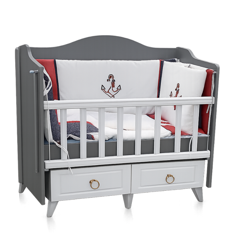 Grey & White Baby Crib with Storage Drawers