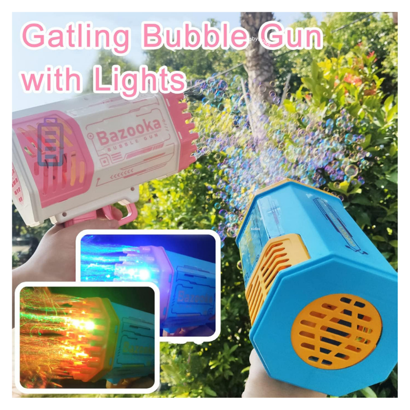 69-Hole Automatic Bubble Gun with LED Lights, Rechargeable Battery & Bubble Solution - Image 2