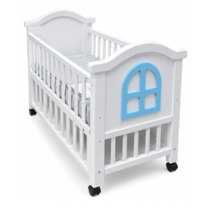 White Baby Cot with Blue Window Design & Wheels